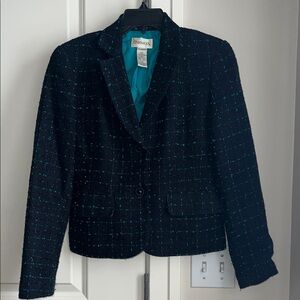Vintage Black Tweed Blazer with Turquoise Lining